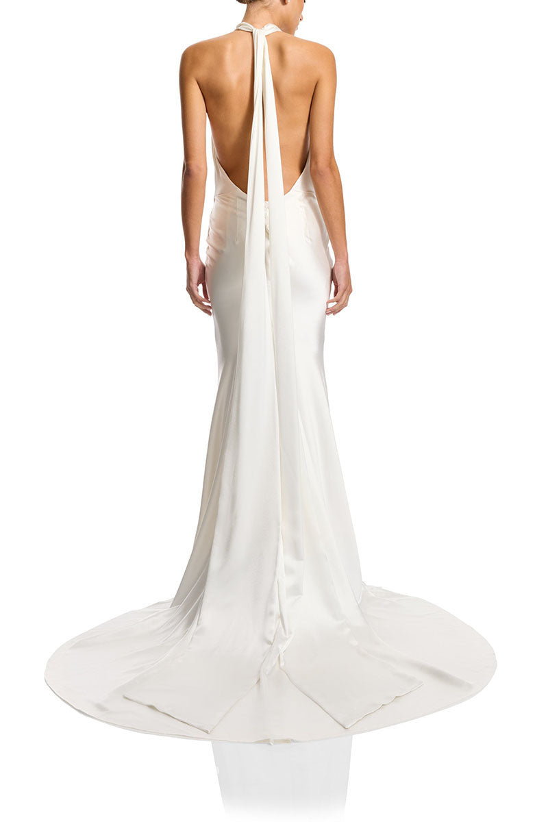 23020 - High-Neck Backless Sleek Satin Elegant Mermaid Wedding Dress with Train - Fashionpara