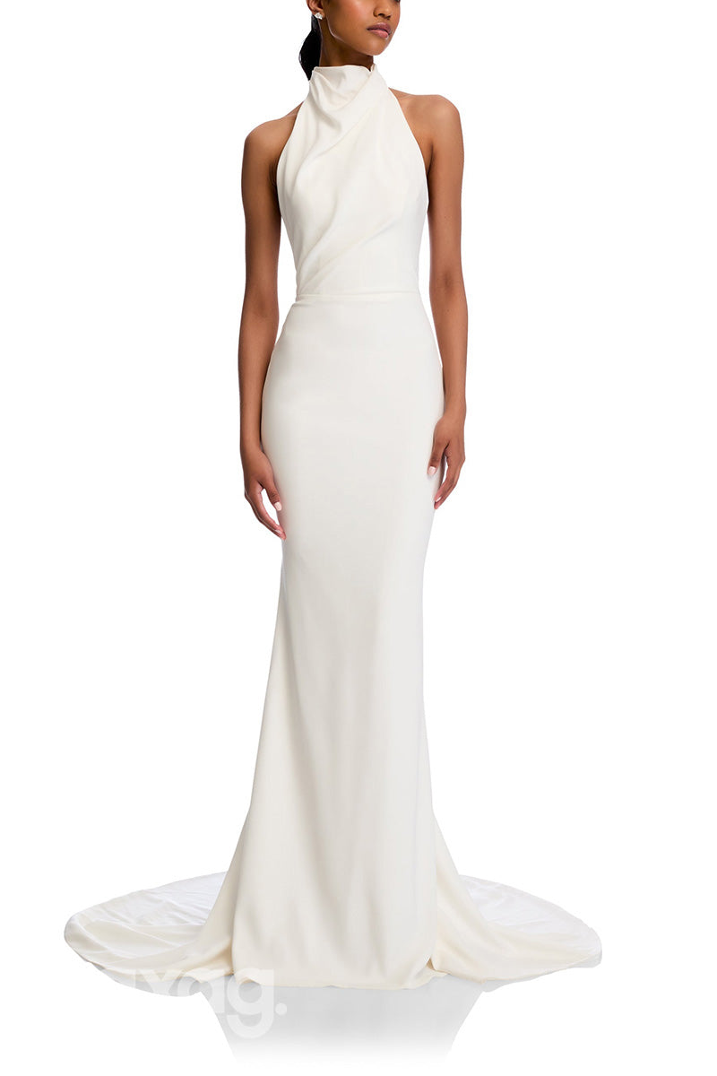 22944 - High-Neck Backless Sleek Satin Elegant Mermaid Wedding Dress with Train - Fashionpara