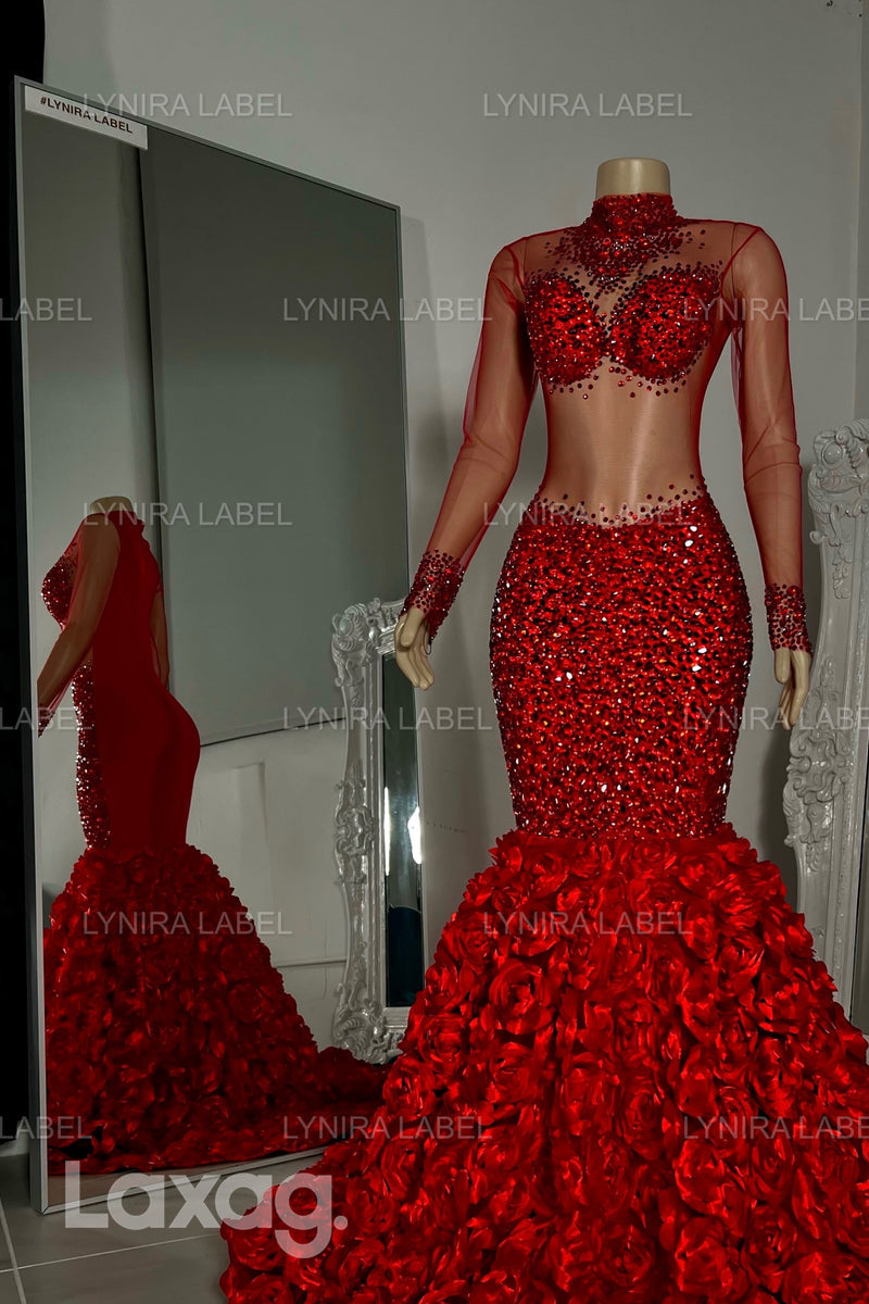 22576 - High-Neck Long Sleeves Beaded illusion Appliques Mermaid Prom Dresses for Black Girl Slay - Fashionpara