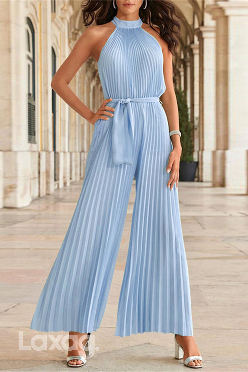 22974 - High-Neck Sleeveless PantSuit Pleated Floor-Length Mother Of the Bride Dress - Fashionpara