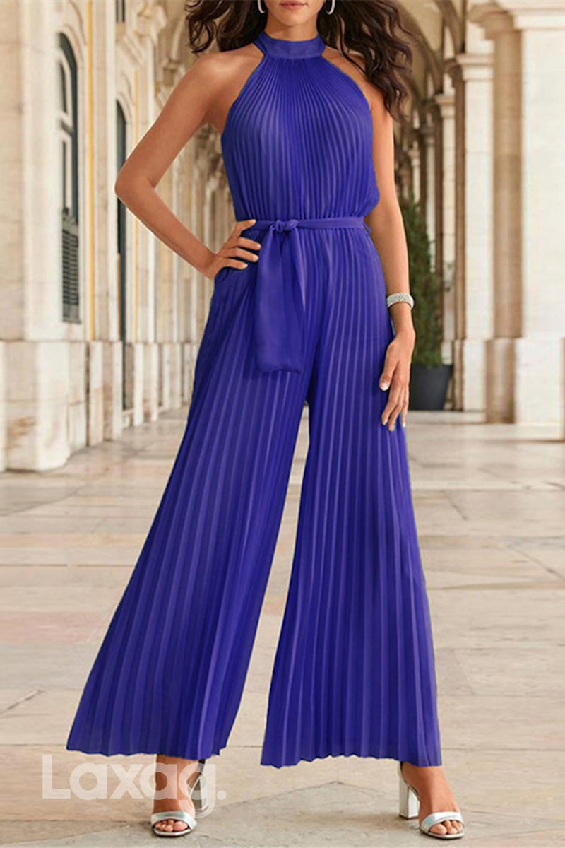 22974 - High-Neck Sleeveless PantSuit Pleated Floor-Length Mother Of the Bride Dress - Fashionpara