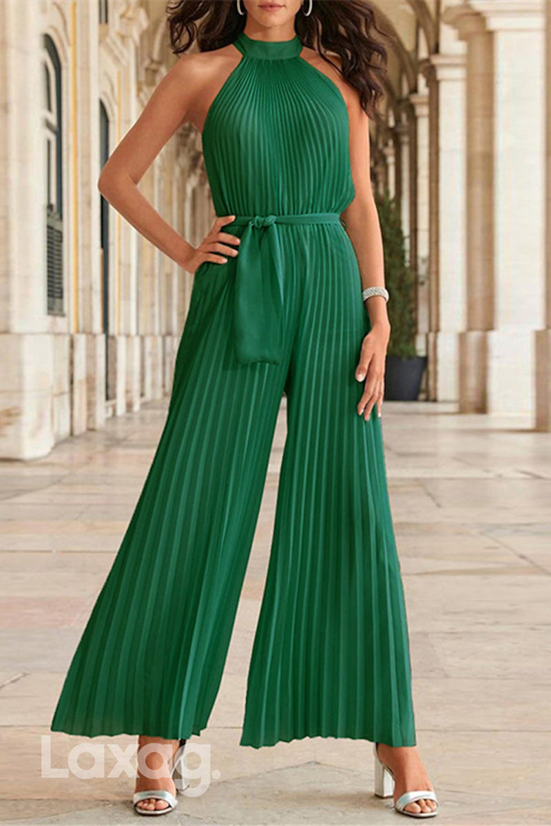 22974 - High-Neck Sleeveless PantSuit Pleated Floor-Length Mother Of the Bride Dress - Fashionpara