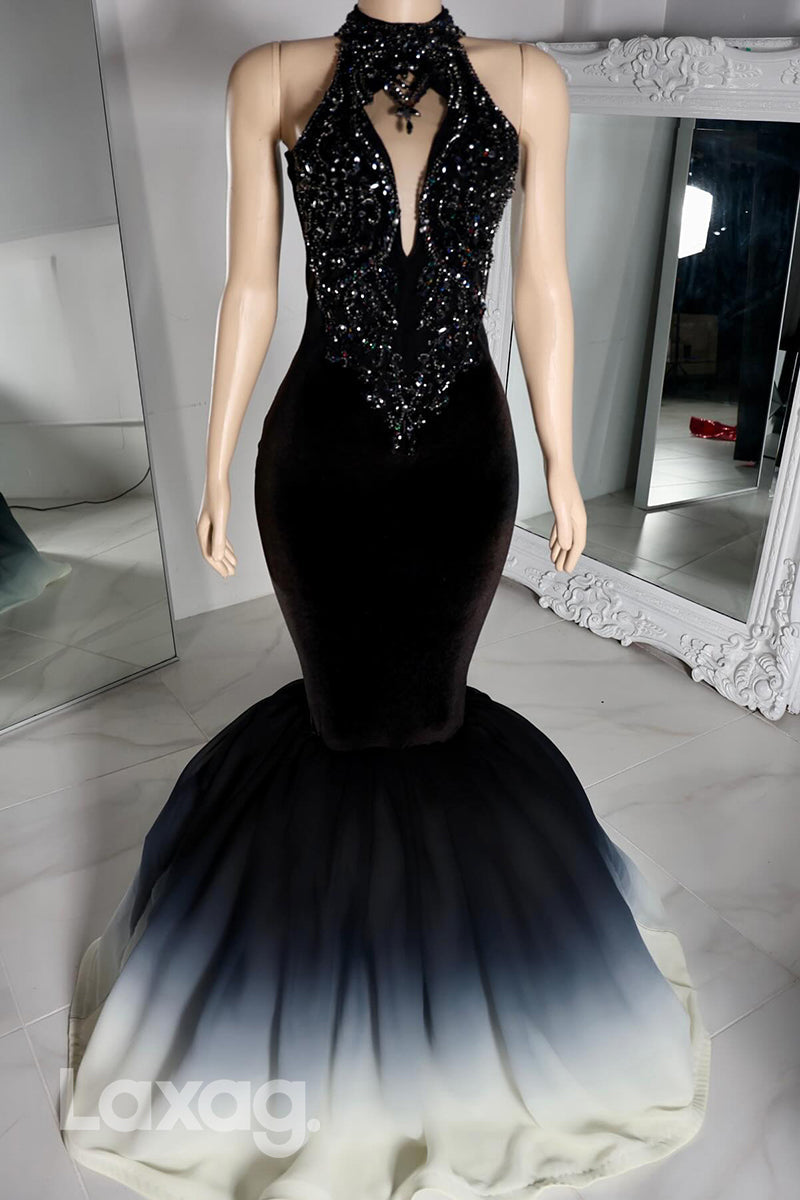 22464 - High Neck Cutout Beaded Mermaid Prom Dresses for Black Girl Slay - Fashionpara