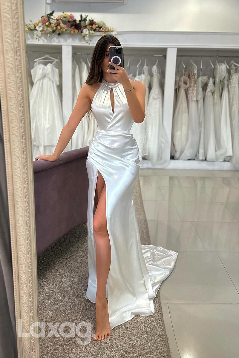 22406 - High Neck Draped Sleek Satin High Slit Mermaid Wedding Dress with Train - Fashionpara