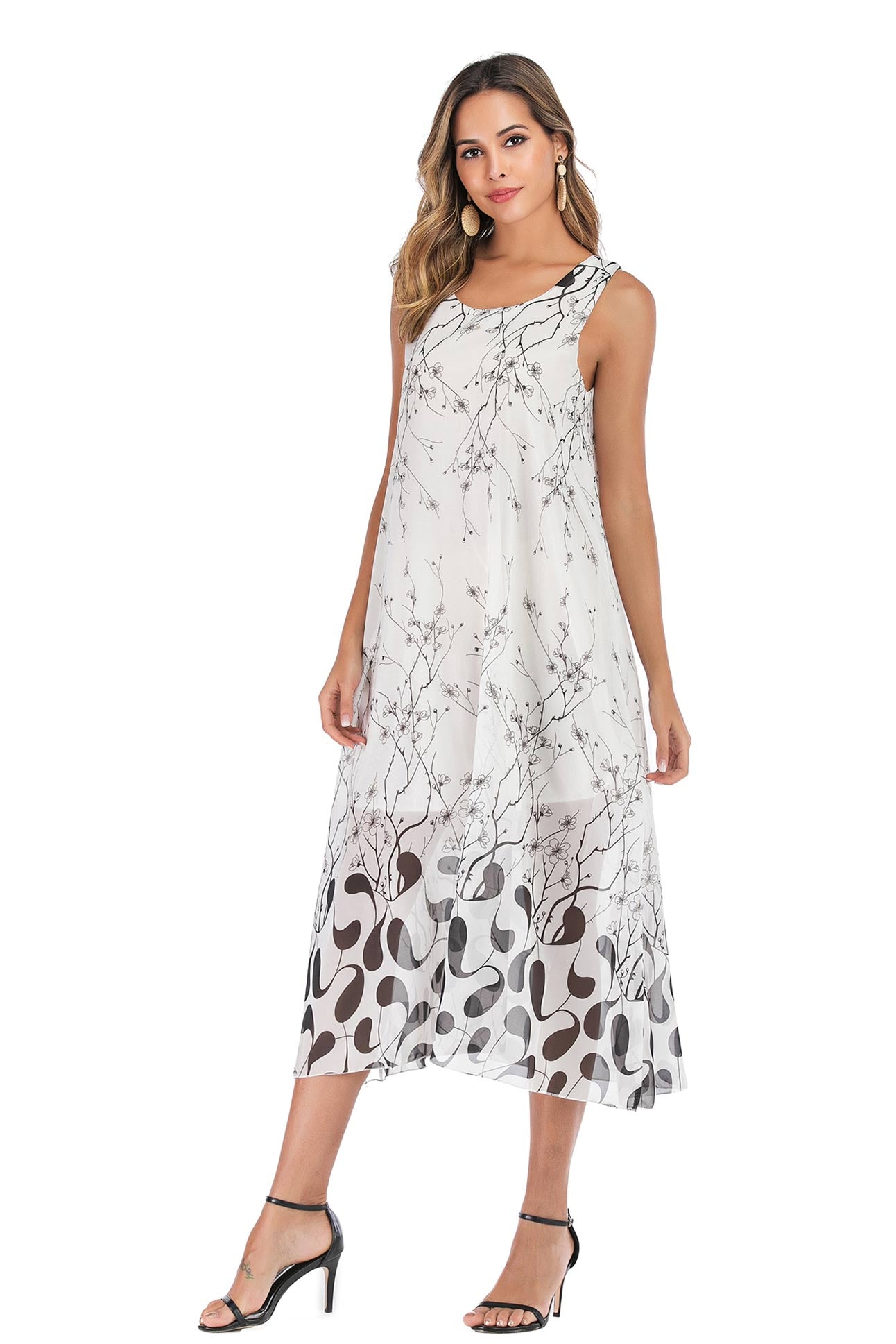 Floral Print Loose Scoop Chiffon Casual Maxi Dress