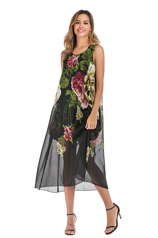 Floral Print Loose Scoop Chiffon Casual Maxi Dress - Mislish