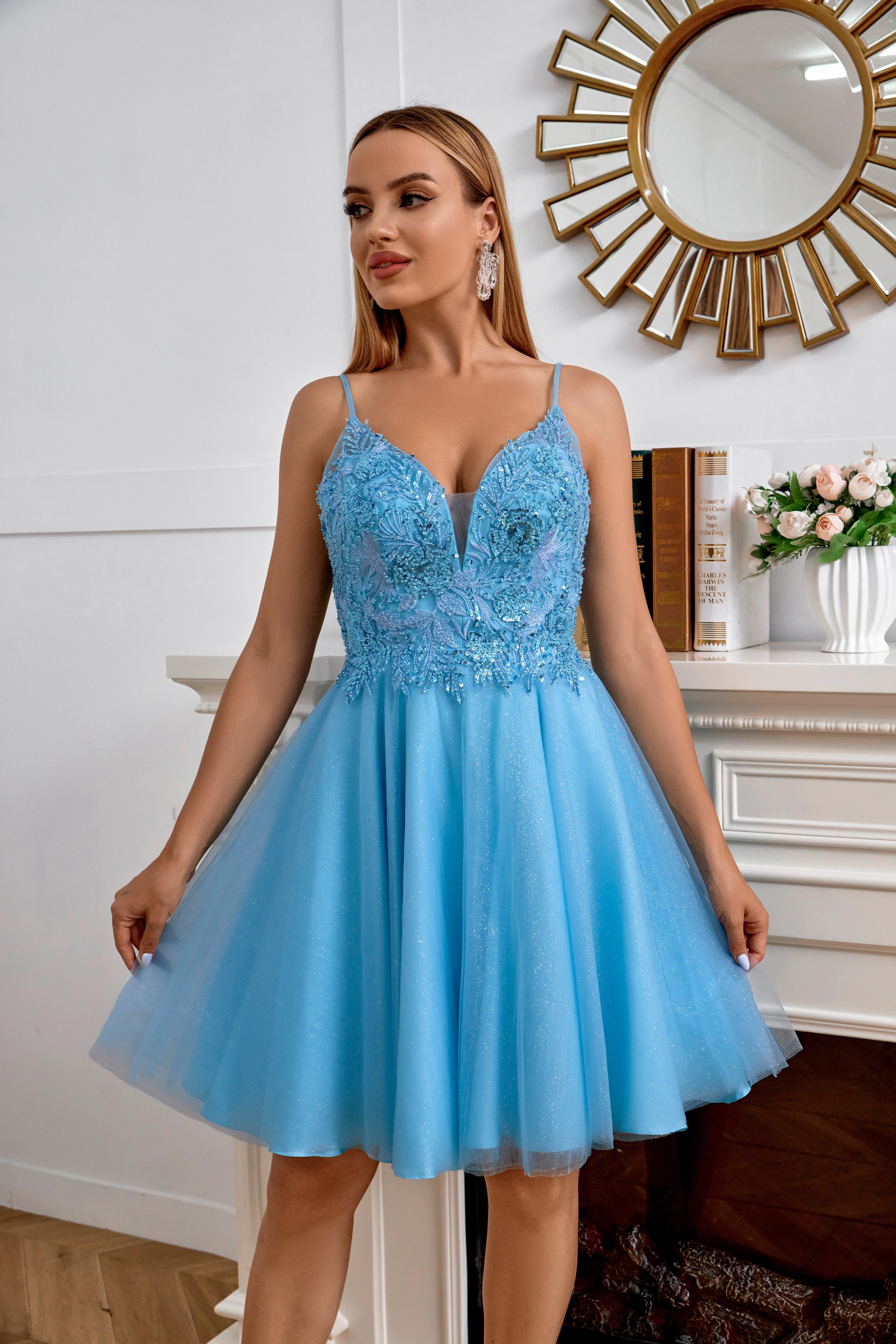 Rhiannon A-Line V-Neck Appliqued Tulle Homecoming Dress