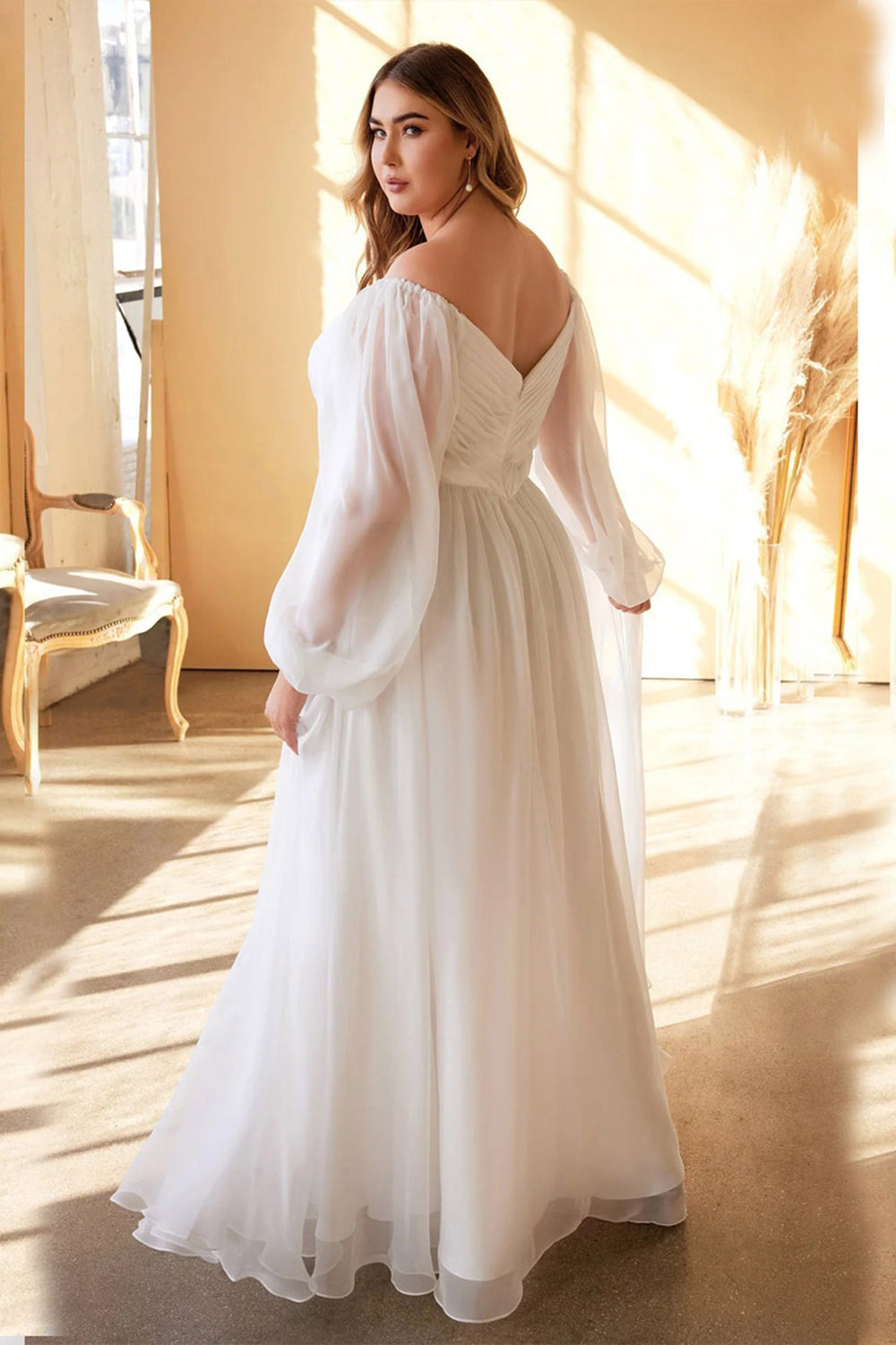 White A-Line Off the Shoulder Long Sleeves Ruched Wedding Party Dress