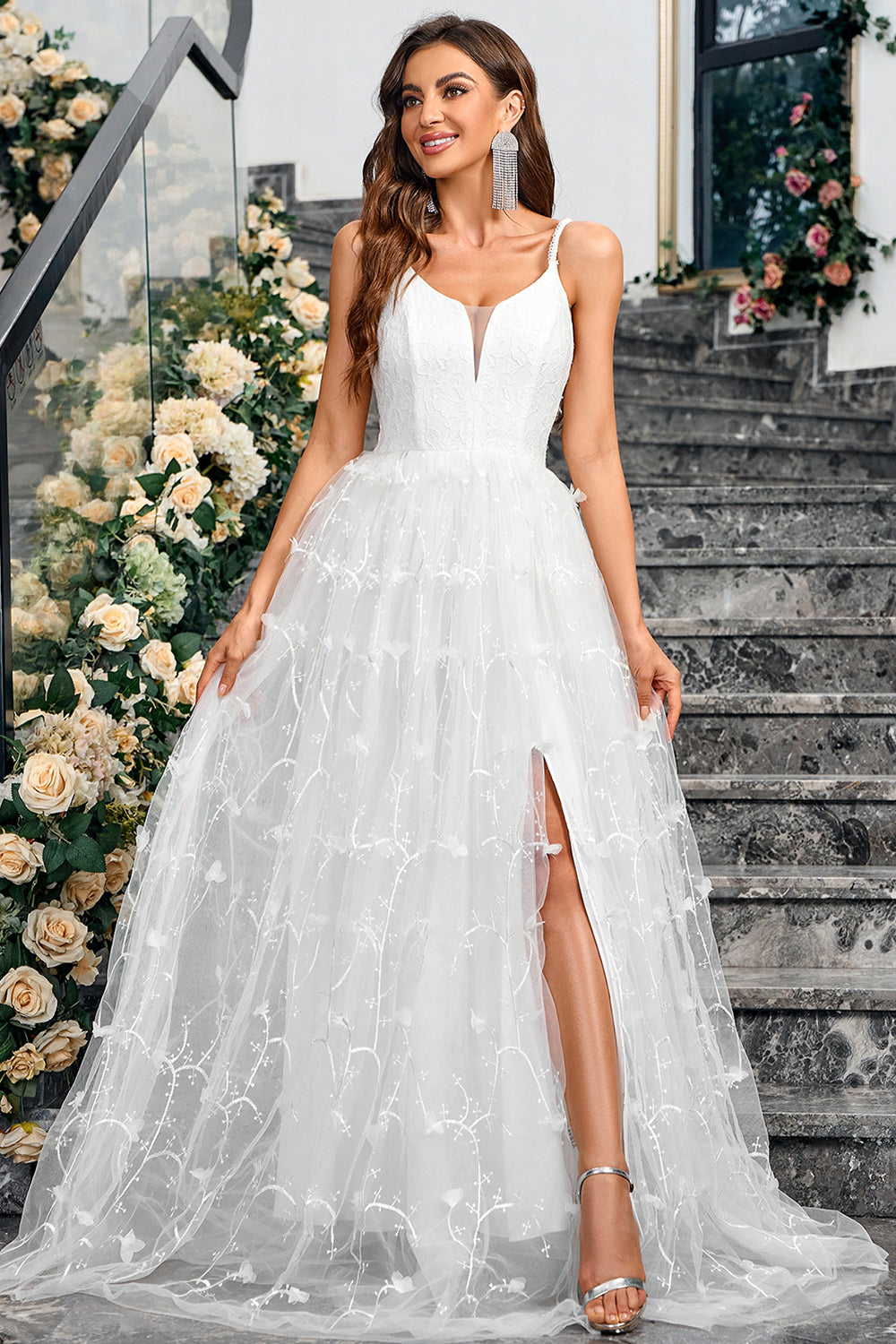 White A-Line Spaghetti Straps Appliques Tulle Long Wedding Party Dress with Slit