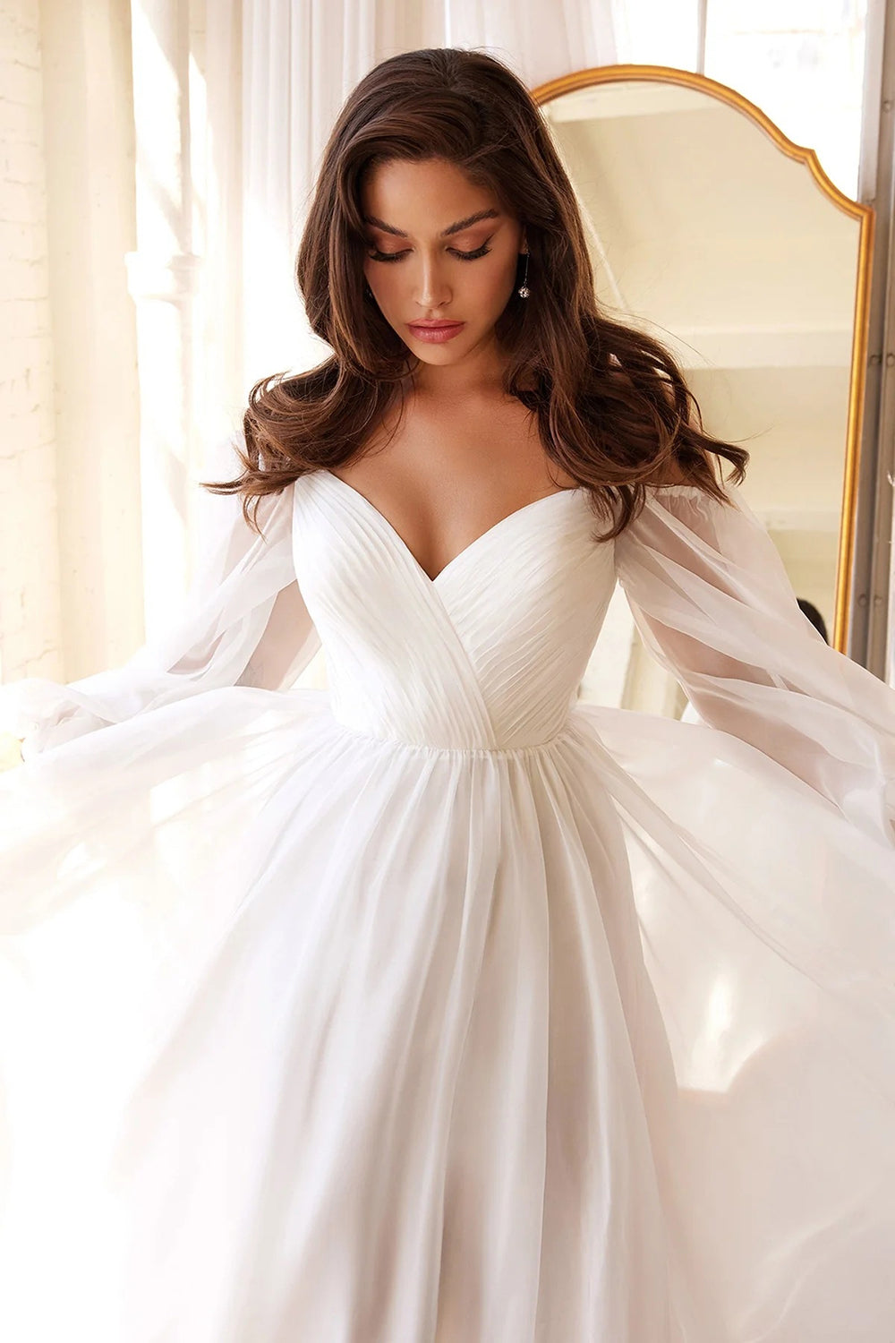 White A-Line Off the Shoulder Long Sleeves Ruched Wedding Party Dress