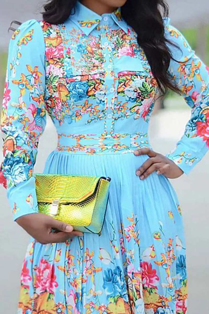 Fashion Long Sleeve Pleated Print Dresses