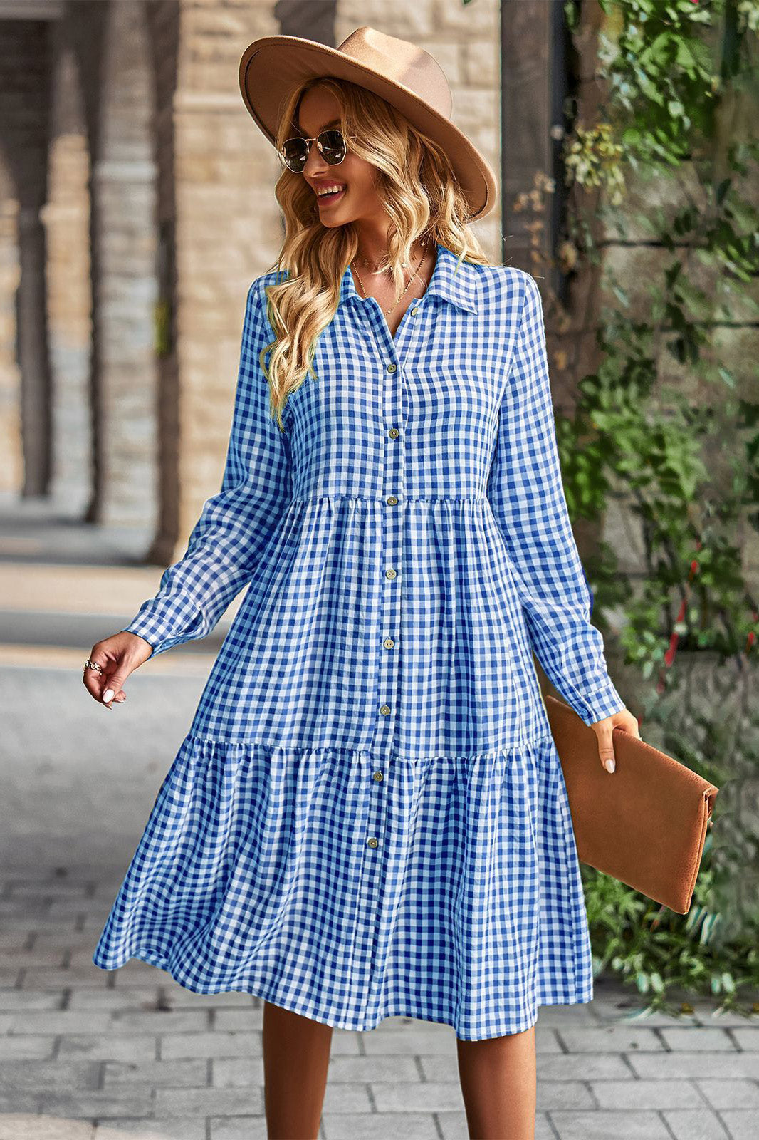 Knee Length Blue Plaid Long Sleeve Dress 