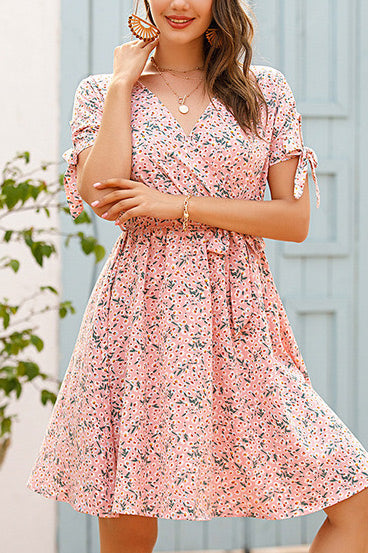 Knot Shoulder V-neck Chiffon Floral Dress - Mislish