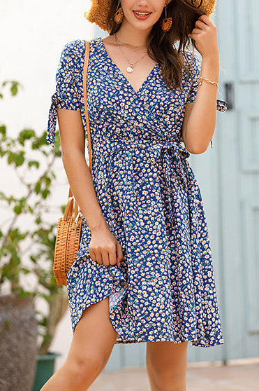 Knot Shoulder V-neck Chiffon Floral Dress - Mislish