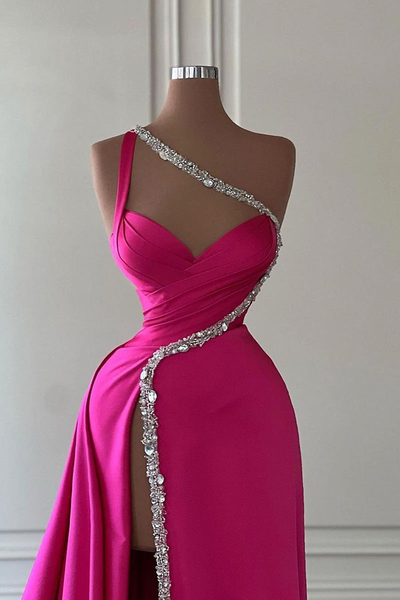 L1037 - Sheath/Column One Shoulder Sleeveless Beaded Satin Evening Dress - Fashionpara