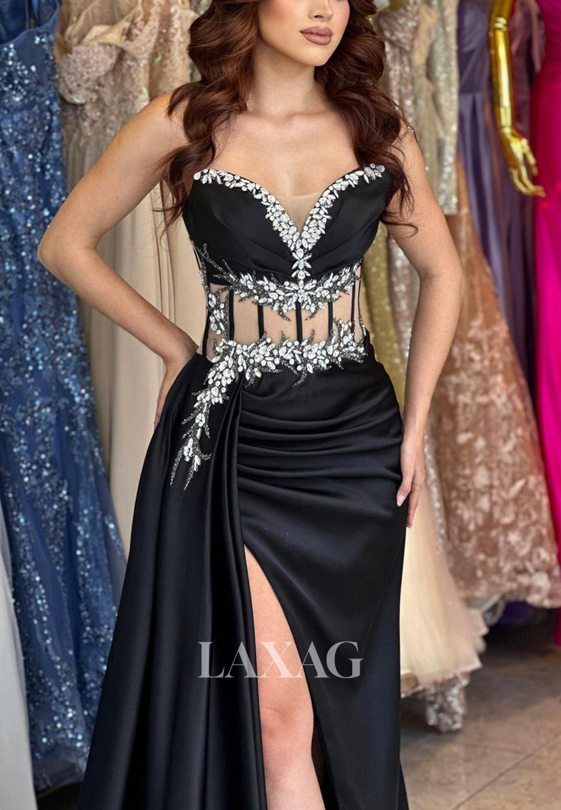 22294 - Spaghetti Straps illusion Beaded Draped Sleek Satin High Slit Prom Dress - Fashionpara