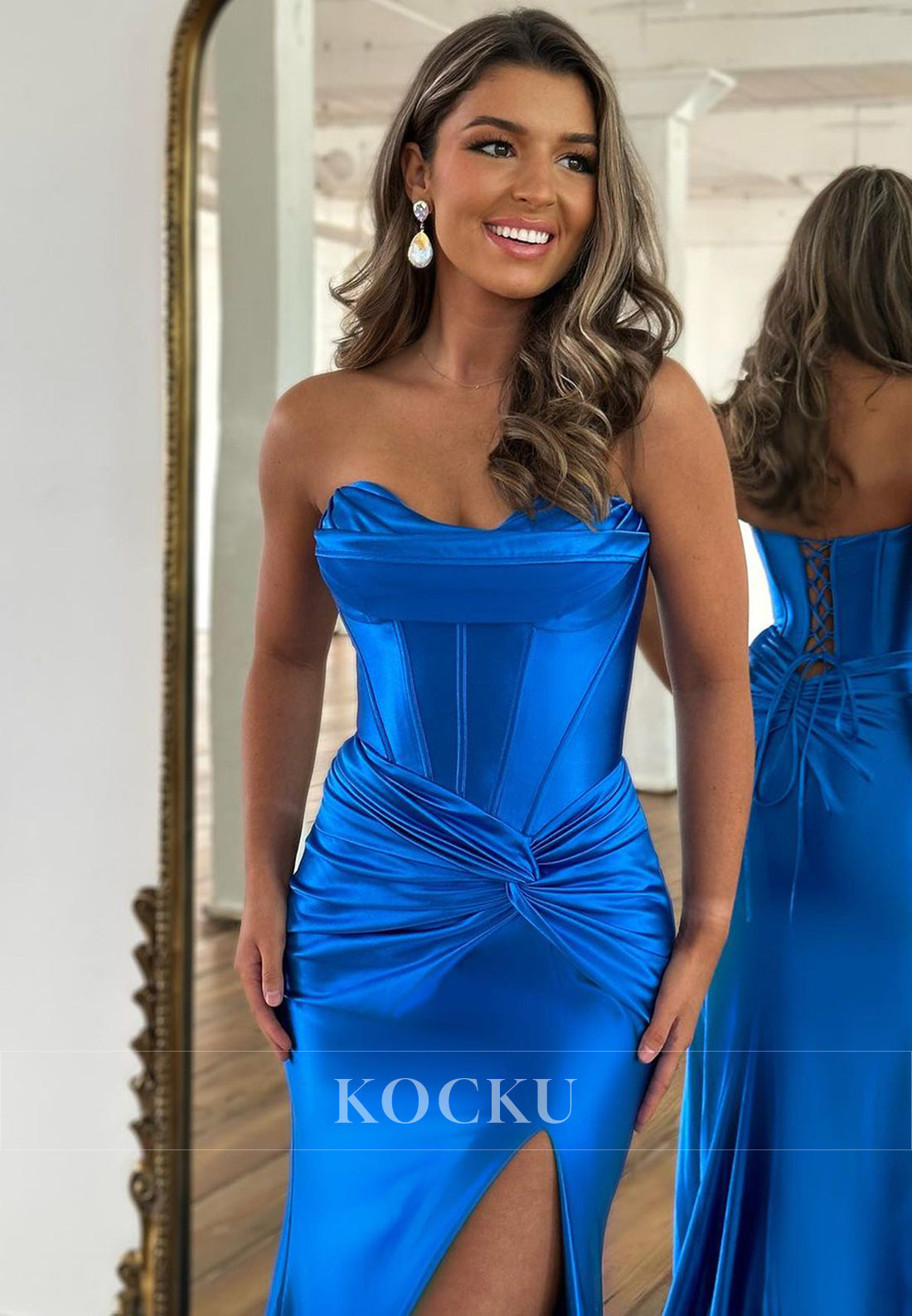 L2011 - Sweetheart Strapless Sleeveless Ruched Satin Sheath Long Evening Prom Dress - Fashionpara