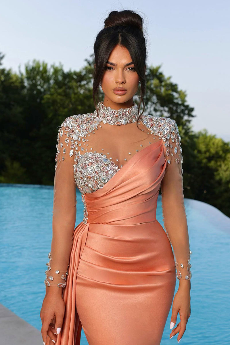 L1383 - High Neck Long Sleeves Beaded Tulle Satin Mermaid Long Prom Evening Dress - Fashionpara