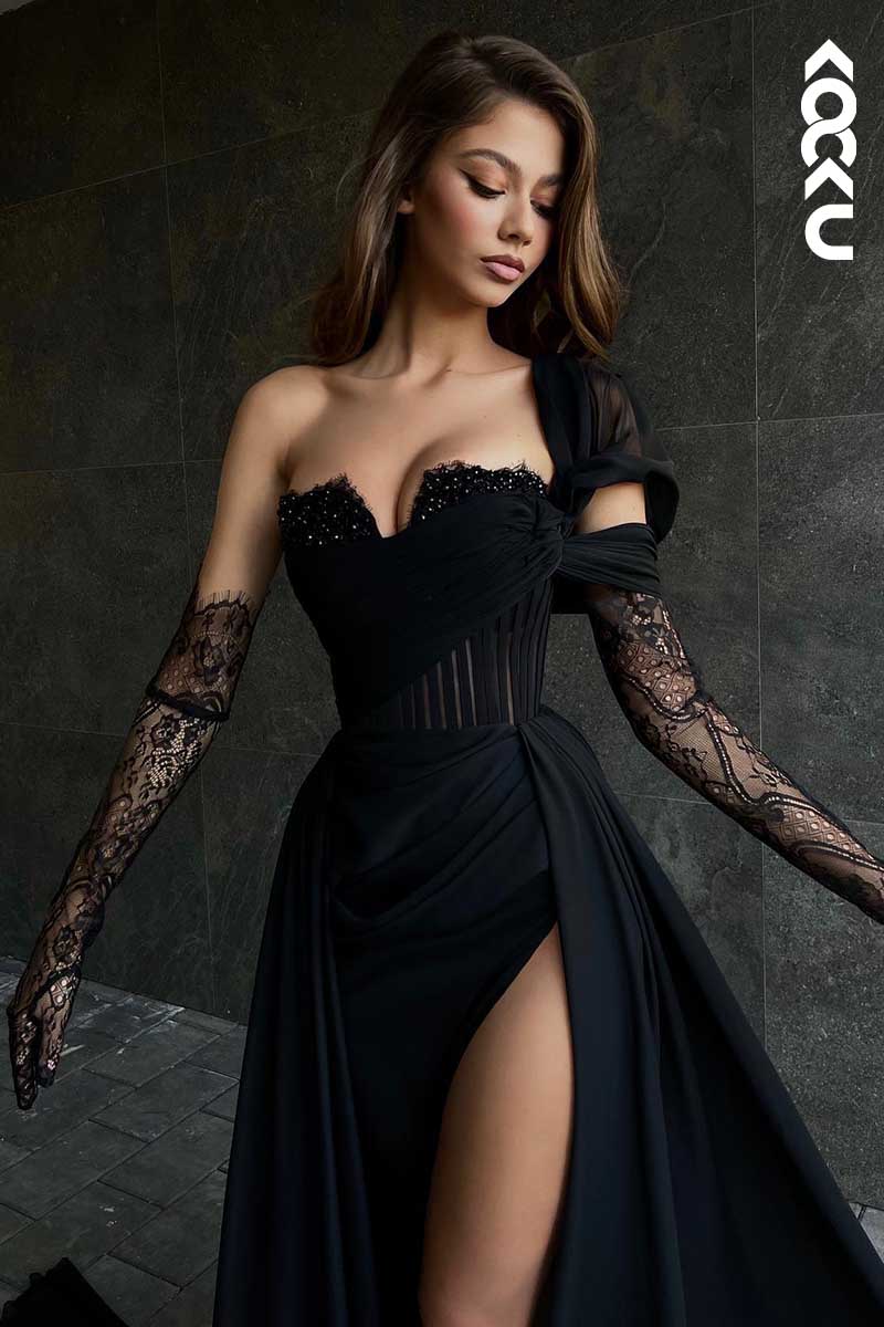 L1448 - Sweetheart One Shoulder Tulle A-Line Prom Dress With Slit - Fashionpara