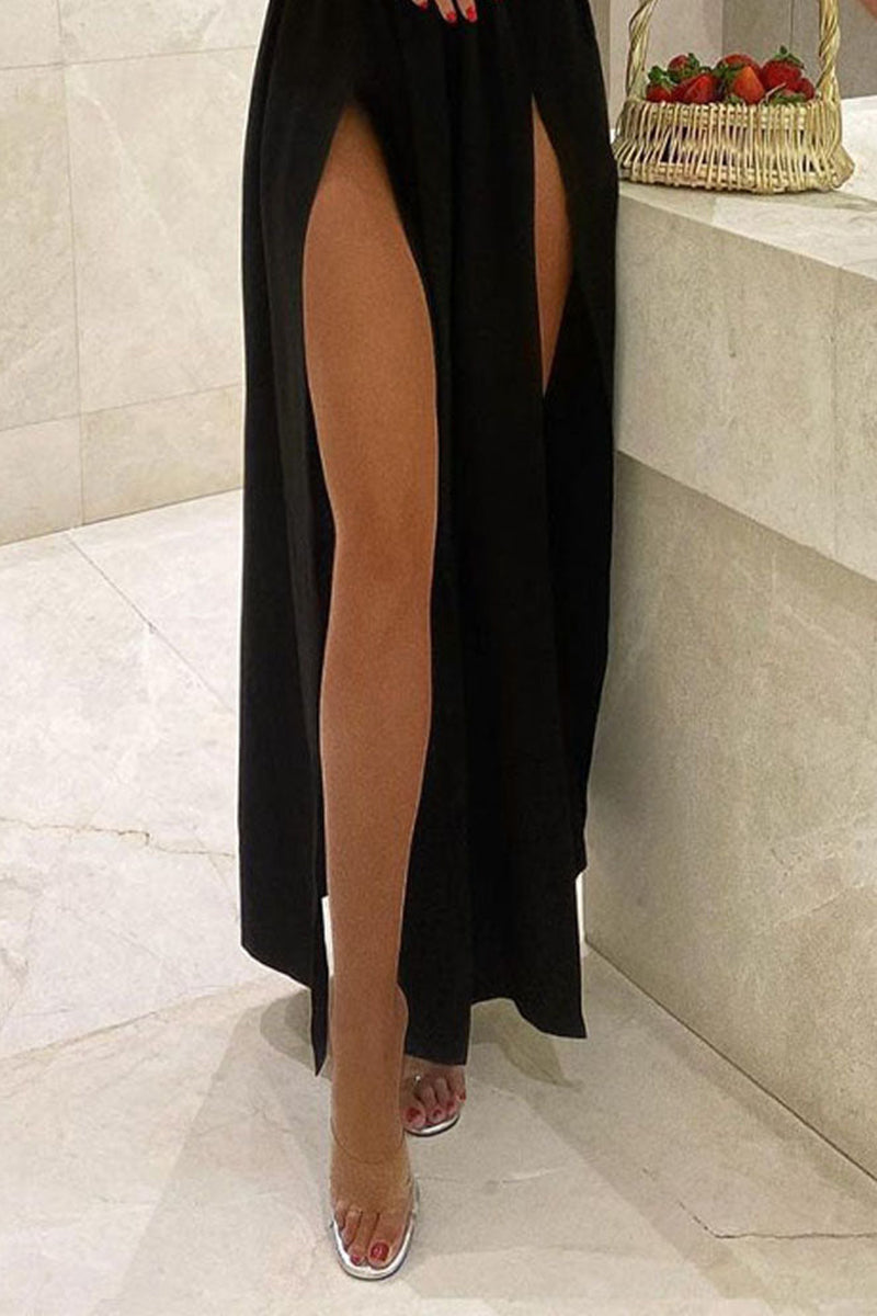 L1486 - Sexy Halter V-Neck Satin A-Line Long Party Dress With Thigh Slits - Fashionpara