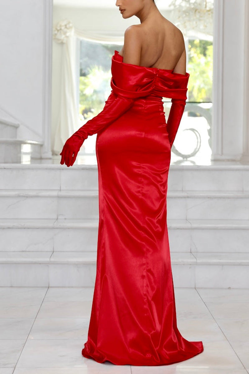 L1829 - V-Neck Off-Shoulder Ruched Satin Sheath Long Formal Evening Gown - Fashionpara