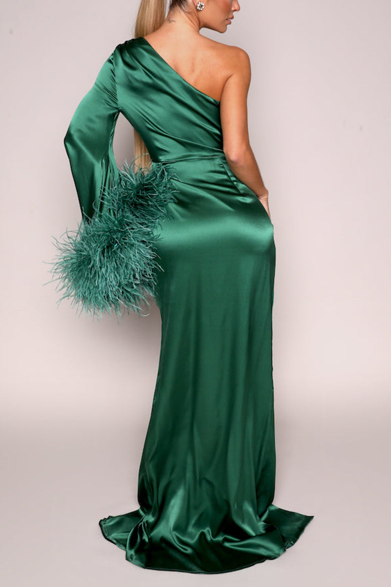 L1837 - One Shoulder Long Sleeves Feather Satin Sheath Long Formal Evening Gown - Fashionpara