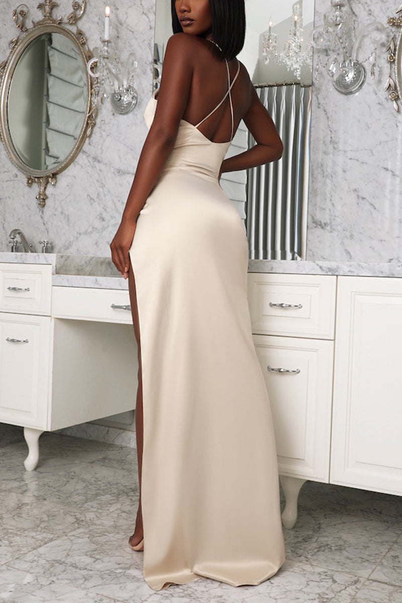 L1839 - V-Neck Spaghetti Straps Ruched Satin Sheath Long Formal Evening Gown - Fashionpara