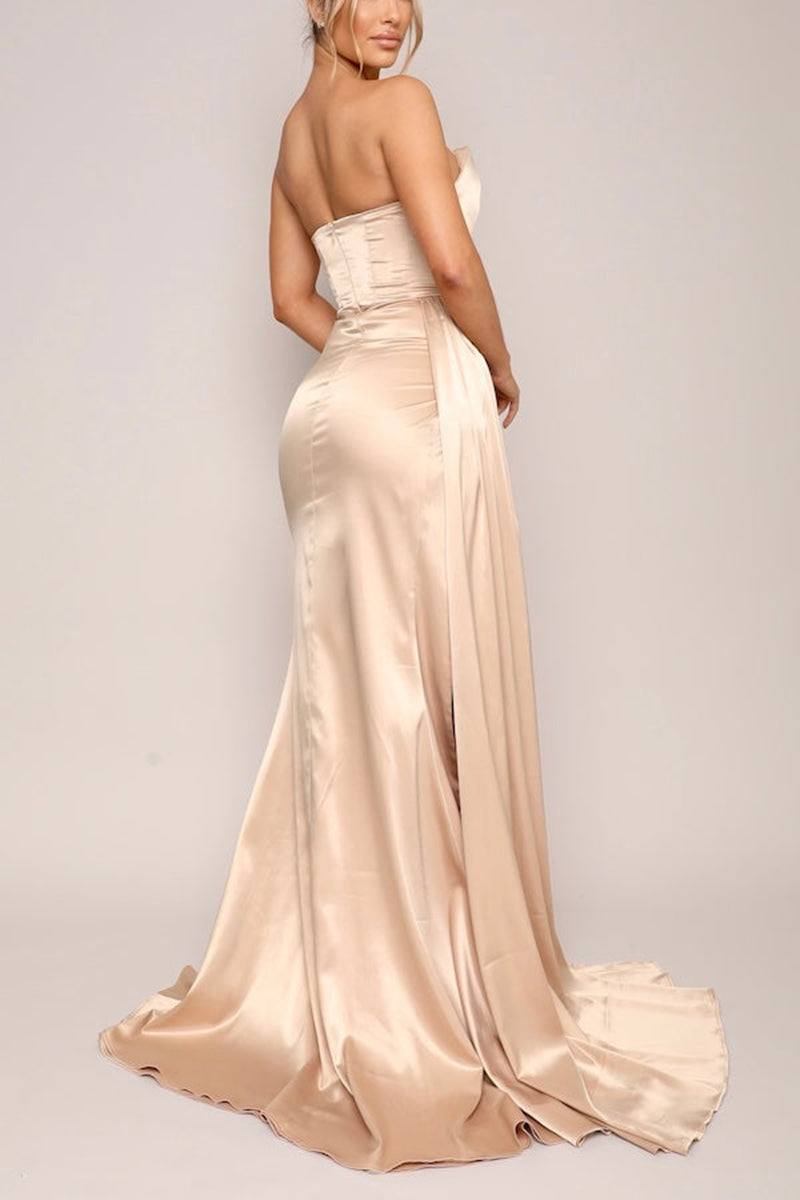 L1841 - Strapless Sleeveless Ruched Satin Sheath Long Formal Evening Gown - Fashionpara