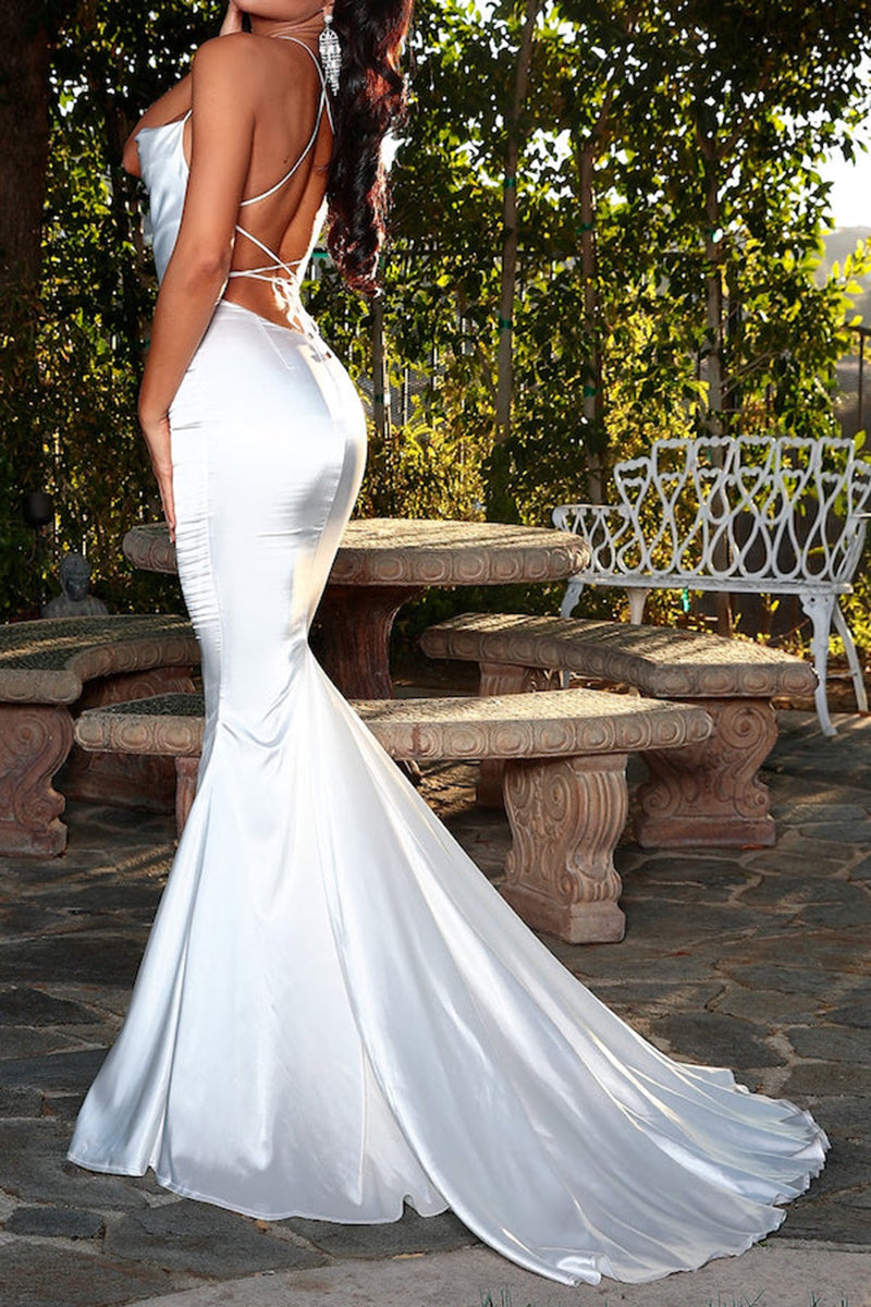 L1843 - Scoop Spaghetti Straps Ruched Satin Mermaid Long Formal Evening Gown - Fashionpara