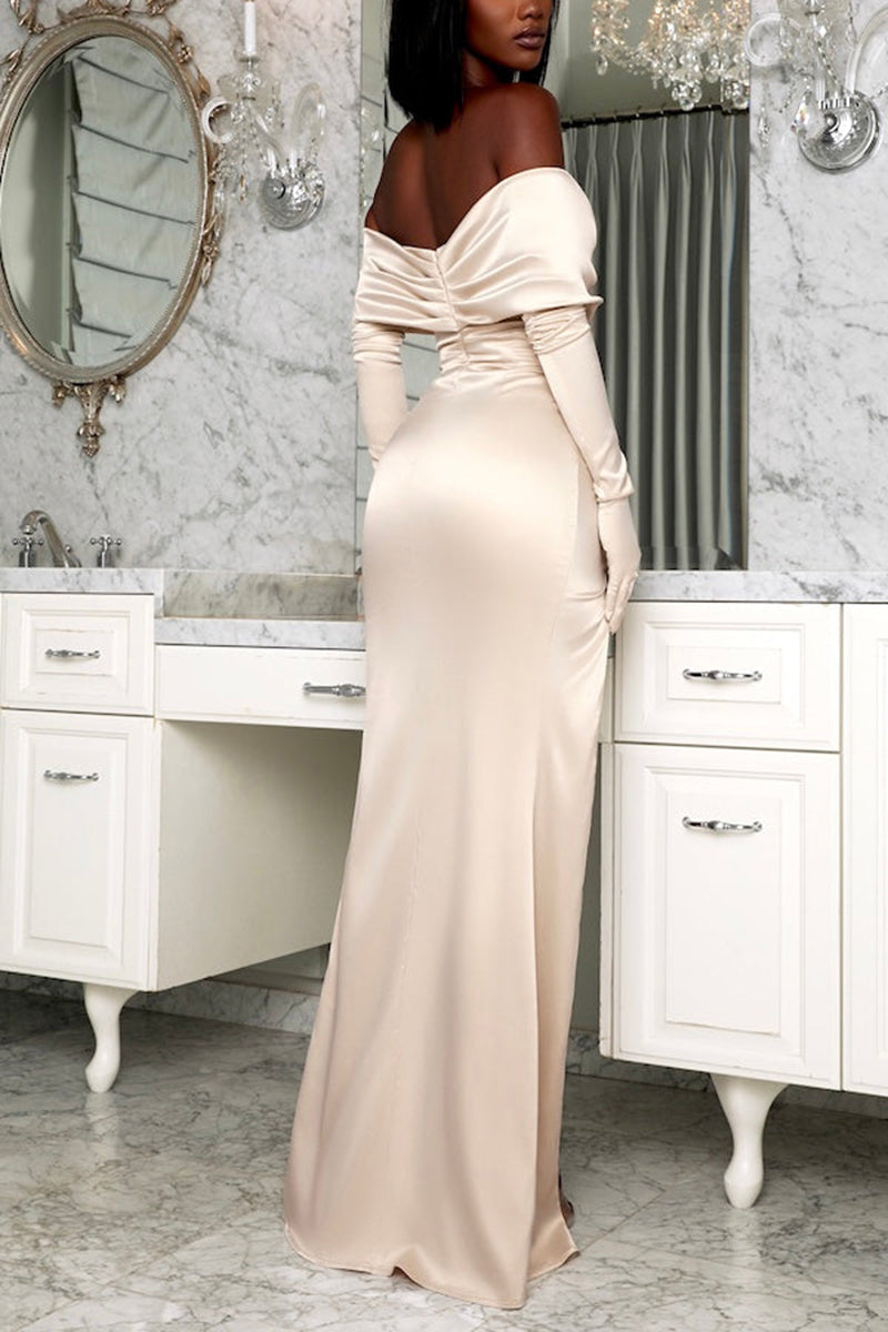 L1845 - V-Neck Off-Shoulder Ruched Satin Sheath Long Formal Evening Gown - Fashionpara