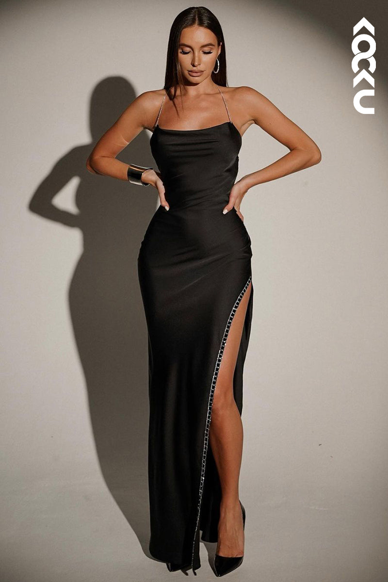 L1847 - Simple Square Neck Beaded Satin Sheath Long Evening Dress With Slit - Fashionpara