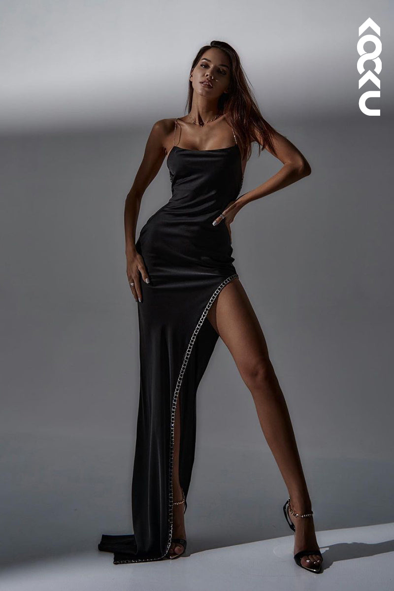 L1847 - Simple Square Neck Beaded Satin Sheath Long Evening Dress With Slit - Fashionpara