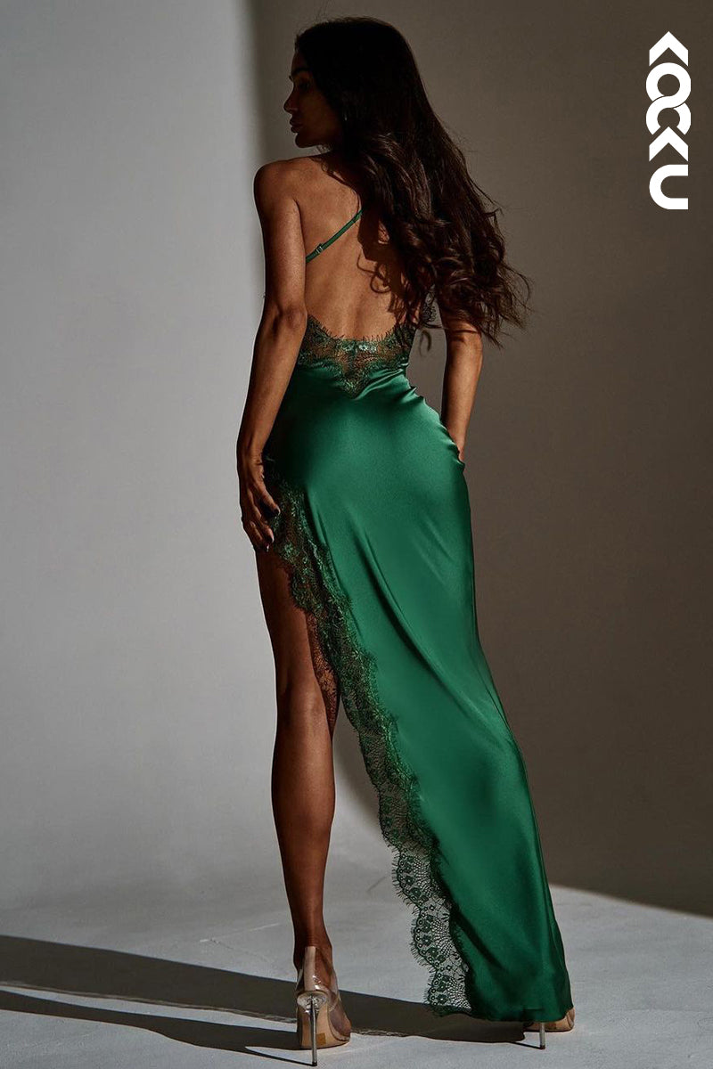 L1848 - Simple Spaghetti Straps Lace Satin Sheath Long Evening Dress With Slit - Fashionpara