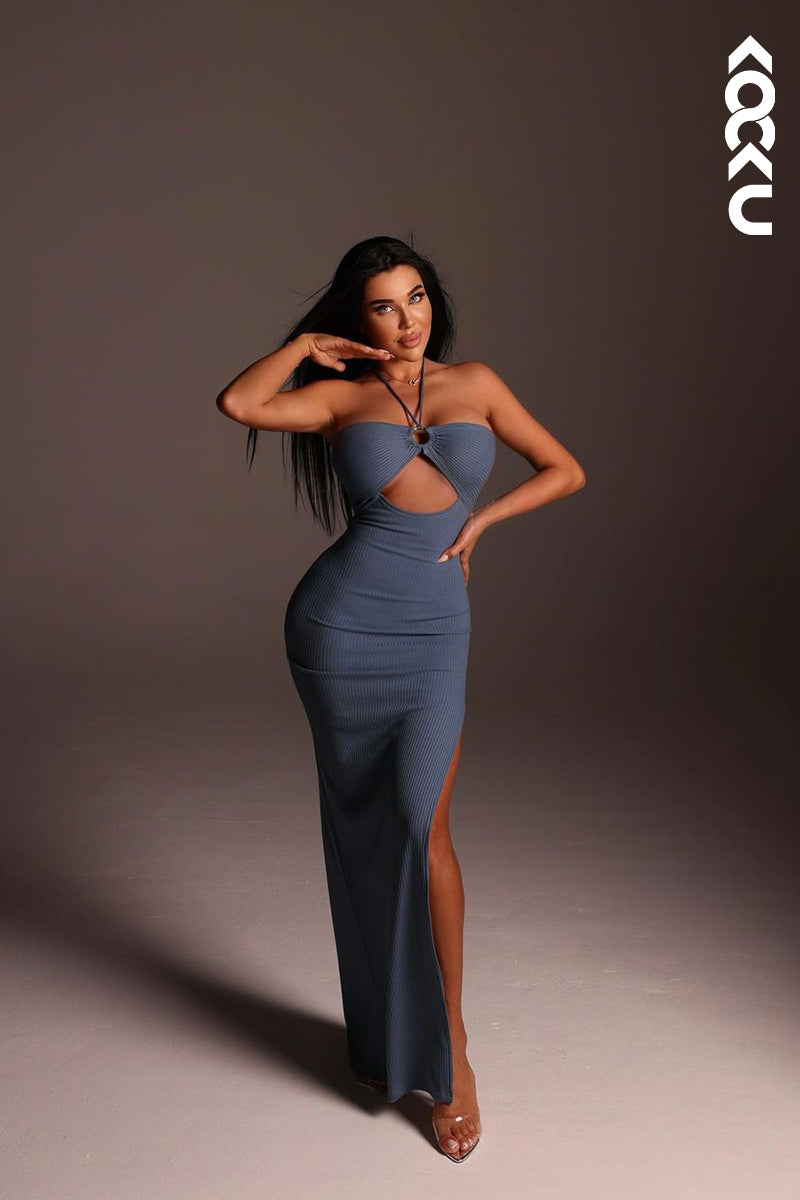 L1850 - Simple Halter Cut Outs Knit Sheath Long Evening Dress With Thigh Slit - Fashionpara