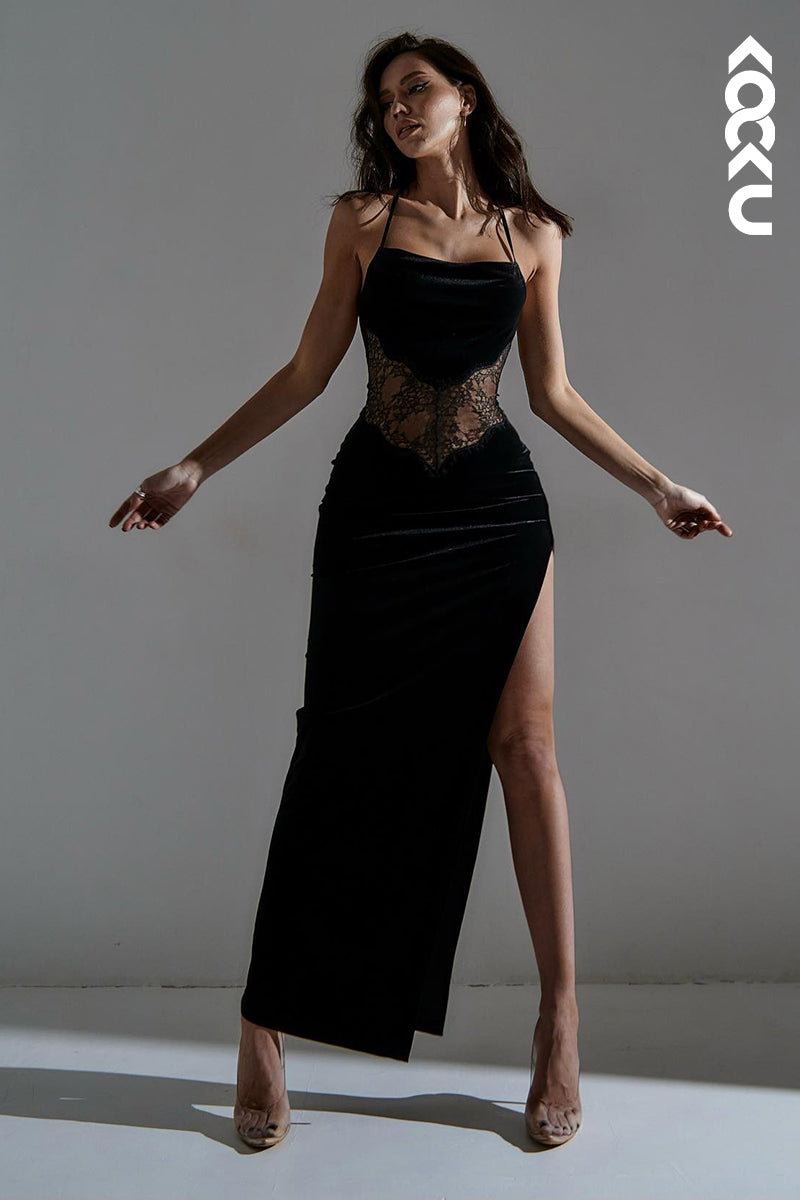 L1854 - Sexy Spaghetti Straps Lace Sheer Velvet Sheath Long Evening Dress - Fashionpara