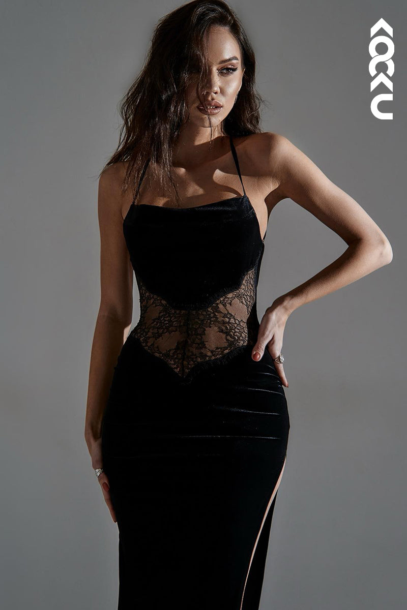 L1854 - Sexy Spaghetti Straps Lace Sheer Velvet Sheath Long Evening Dress - Fashionpara