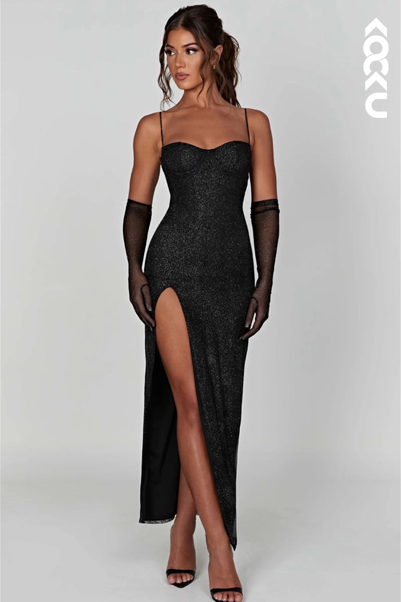 L1866 - Sweetheart Spaghetti Straps Sparkly Satin Sheath Evening Dress With Slit - Fashionpara