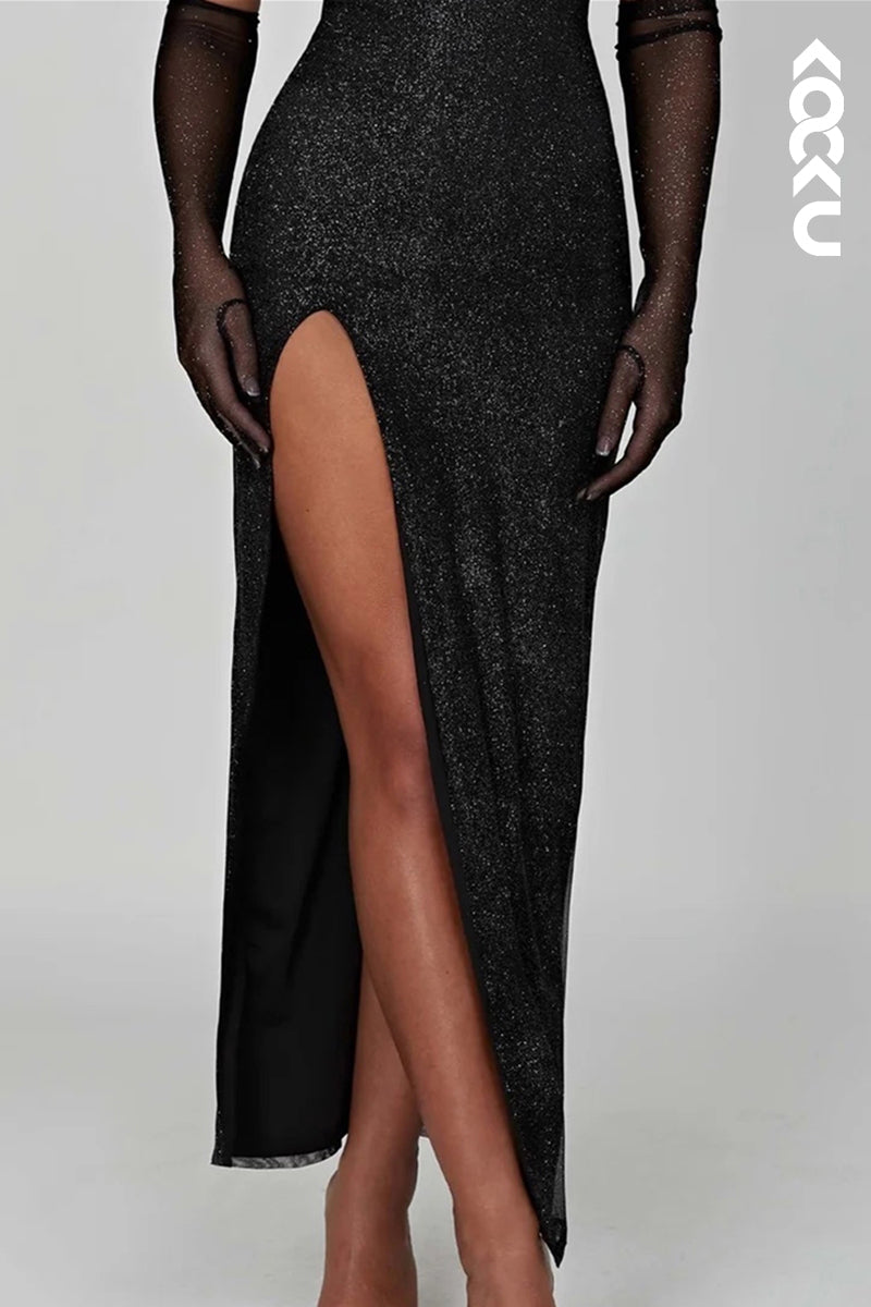 L1866 - Sweetheart Spaghetti Straps Sparkly Satin Sheath Evening Dress With Slit - Fashionpara