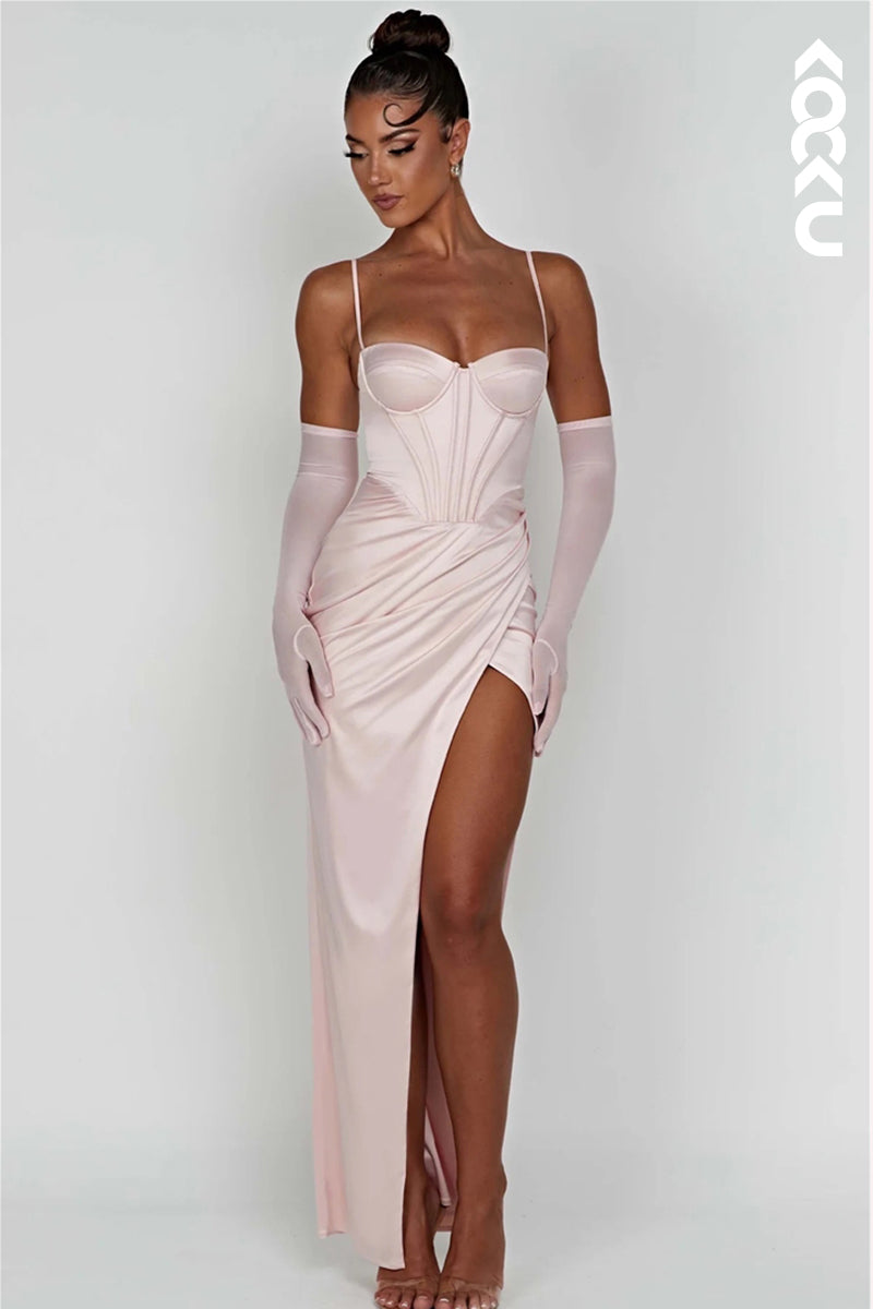 L1868 - Sweetheart Spaghetti Straps Ruched Satin Sheath Long Evening Dress - Fashionpara