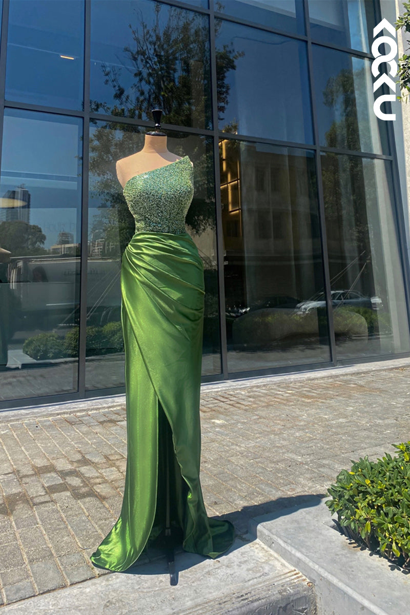 L1870 - Strapless Sleeveless Sequined Ruched Satin Sheath Long Evening Dress - Fashionpara