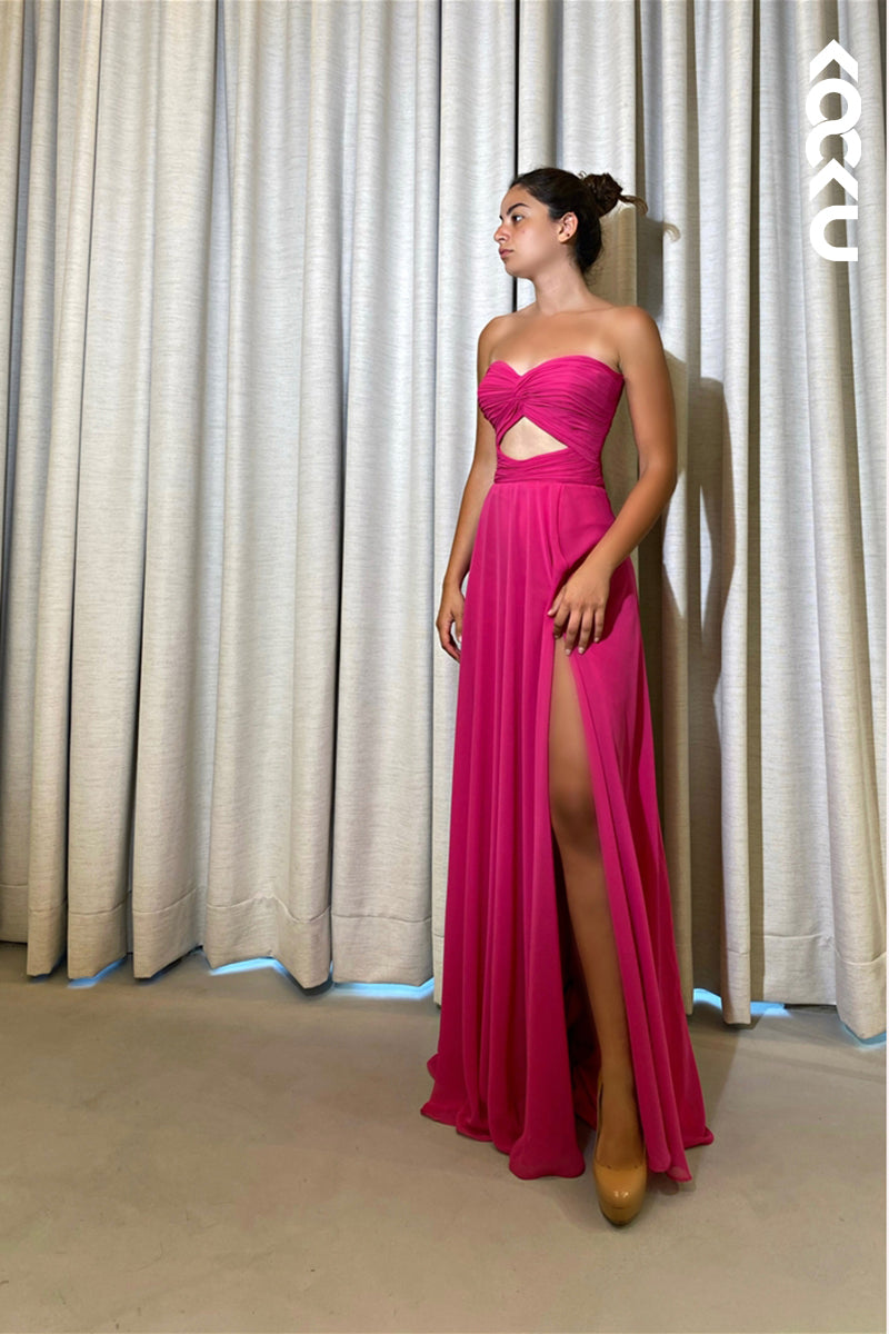 L1871 - Sweetheart Strapless Cut Outs Ruched Satin A-Line Long Evening Dress - Fashionpara