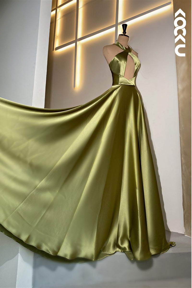 L1872 - Halter Sleeveless Cut Outs Pleated Satin A-Line Long Evening Dress - Fashionpara