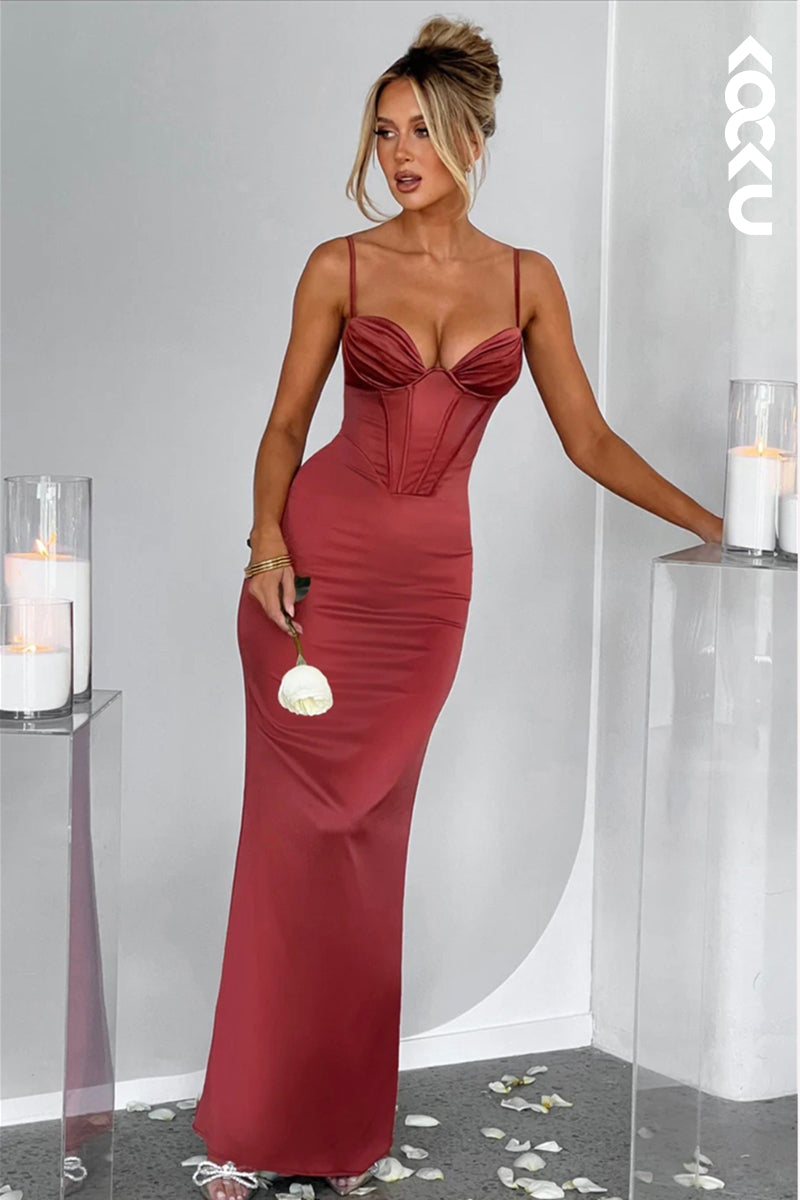 L1878 - Sweetheart Spaghetti Straps Ruched Satin Sheath Long Evening Dress - Fashionpara