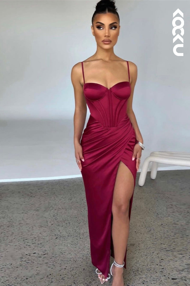 L1880 - Sweetheart Spaghetti Straps Ruched Satin Sheath Long Evening Dress - Fashionpara