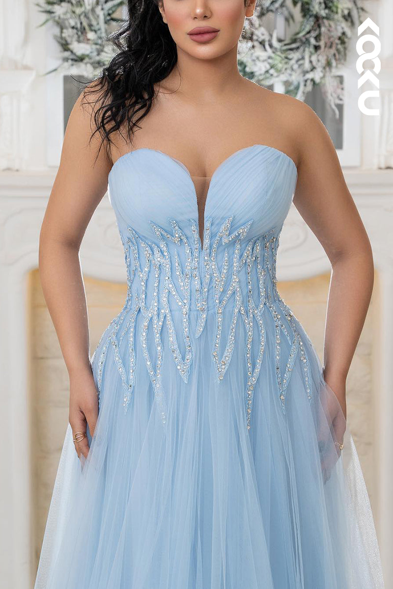 L1882 - Sweetheart Strapless Beaded Ruched Tulle A-Line Long Evening Dress - Fashionpara