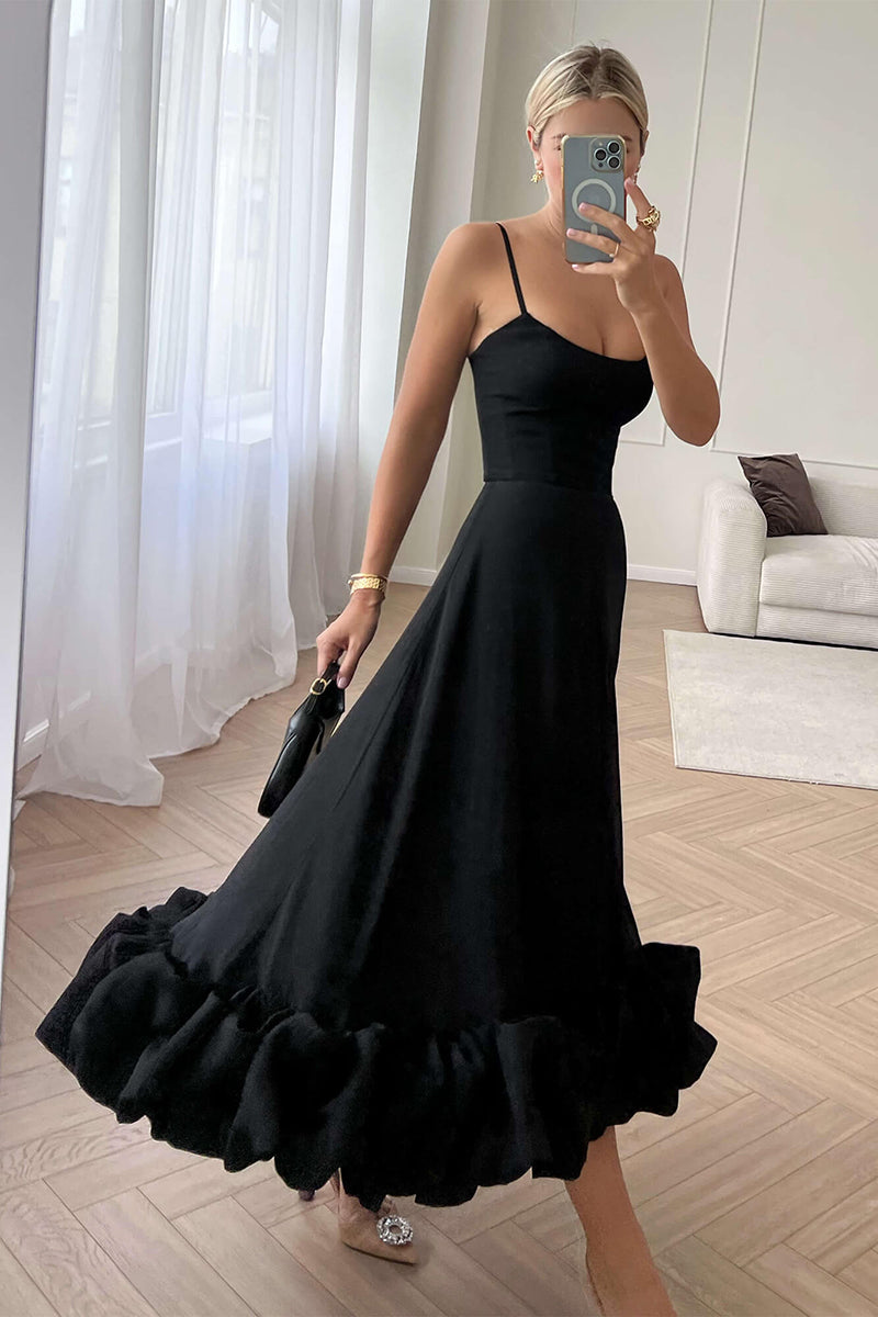 L1951 - Scoop Sleeveless Ruffles Ruched Satin A-Line Midi Formal Evening Dress - Fashionpara