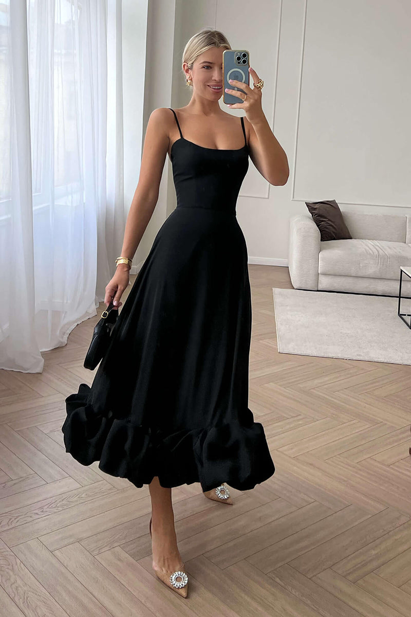 L1951 - Scoop Sleeveless Ruffles Ruched Satin A-Line Midi Formal Evening Dress - Fashionpara