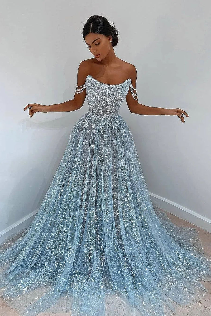 L2022 - Sparkle Off-Shoulder Sequined Appliqued Tulle A-Line Long Evening Prom Dress - Fashionpara