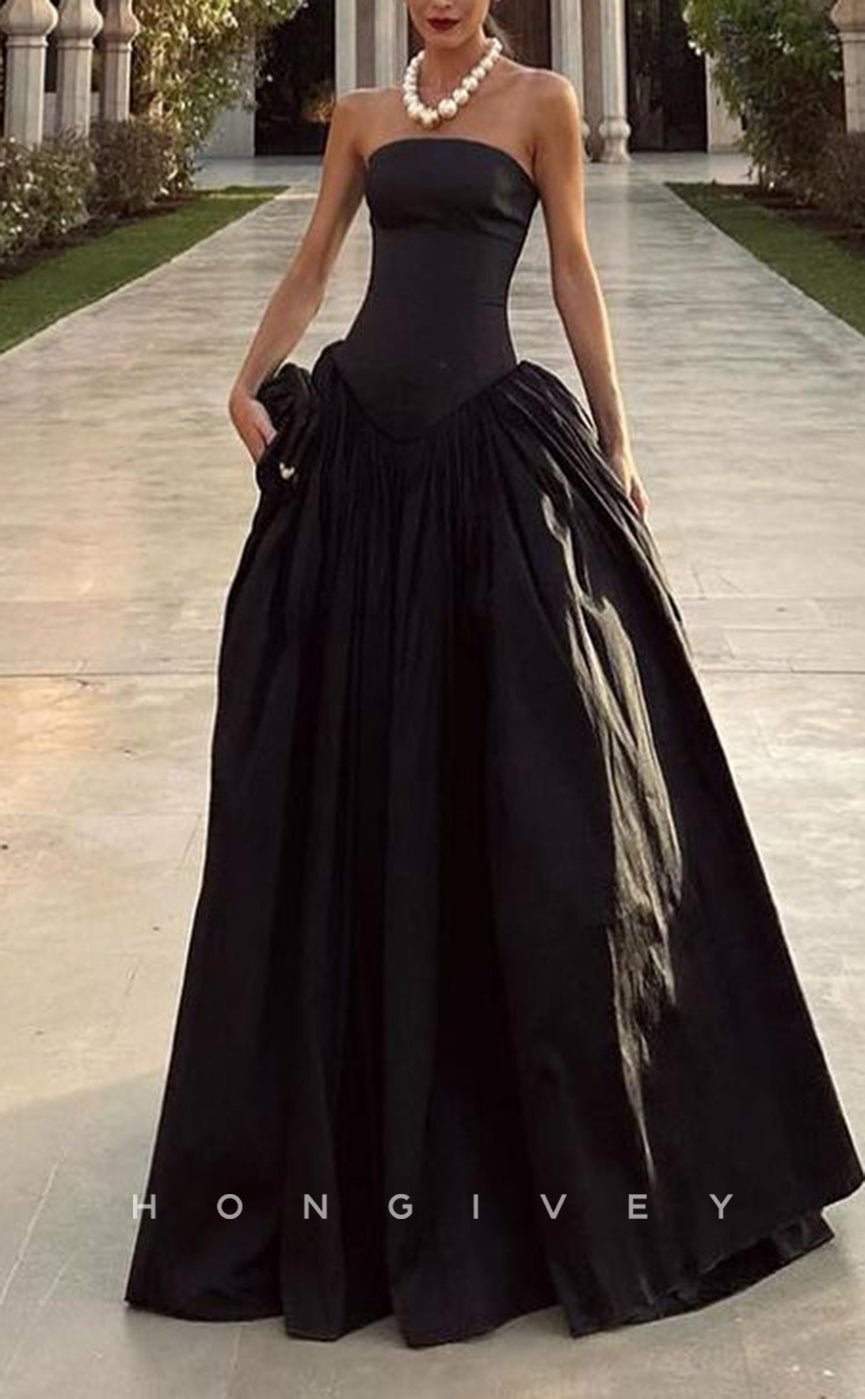 L2329 - Couture Satin A-Line CorseStrapless Sleeveless Floor-Length Black Party Prom Evening Dress - Fashionpara