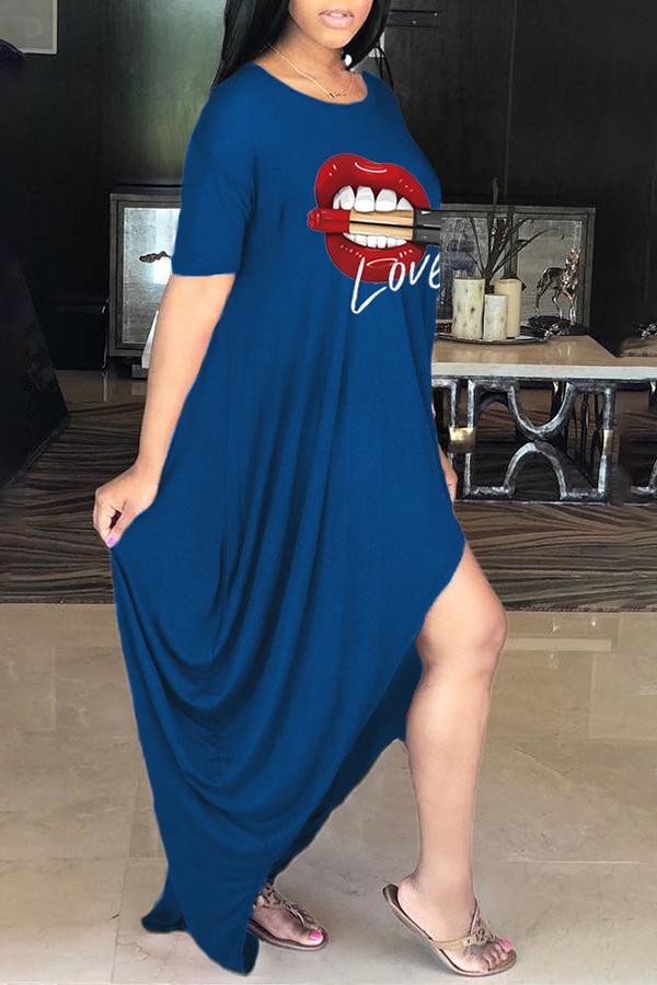 Fashion Casual Lip Print Slit Maxi Dress